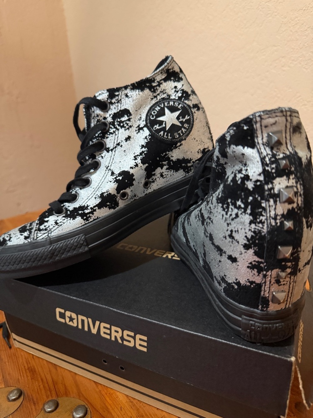 Converse High Top wedge  Sneakers - Black & Silver Splatter with Stud Detail